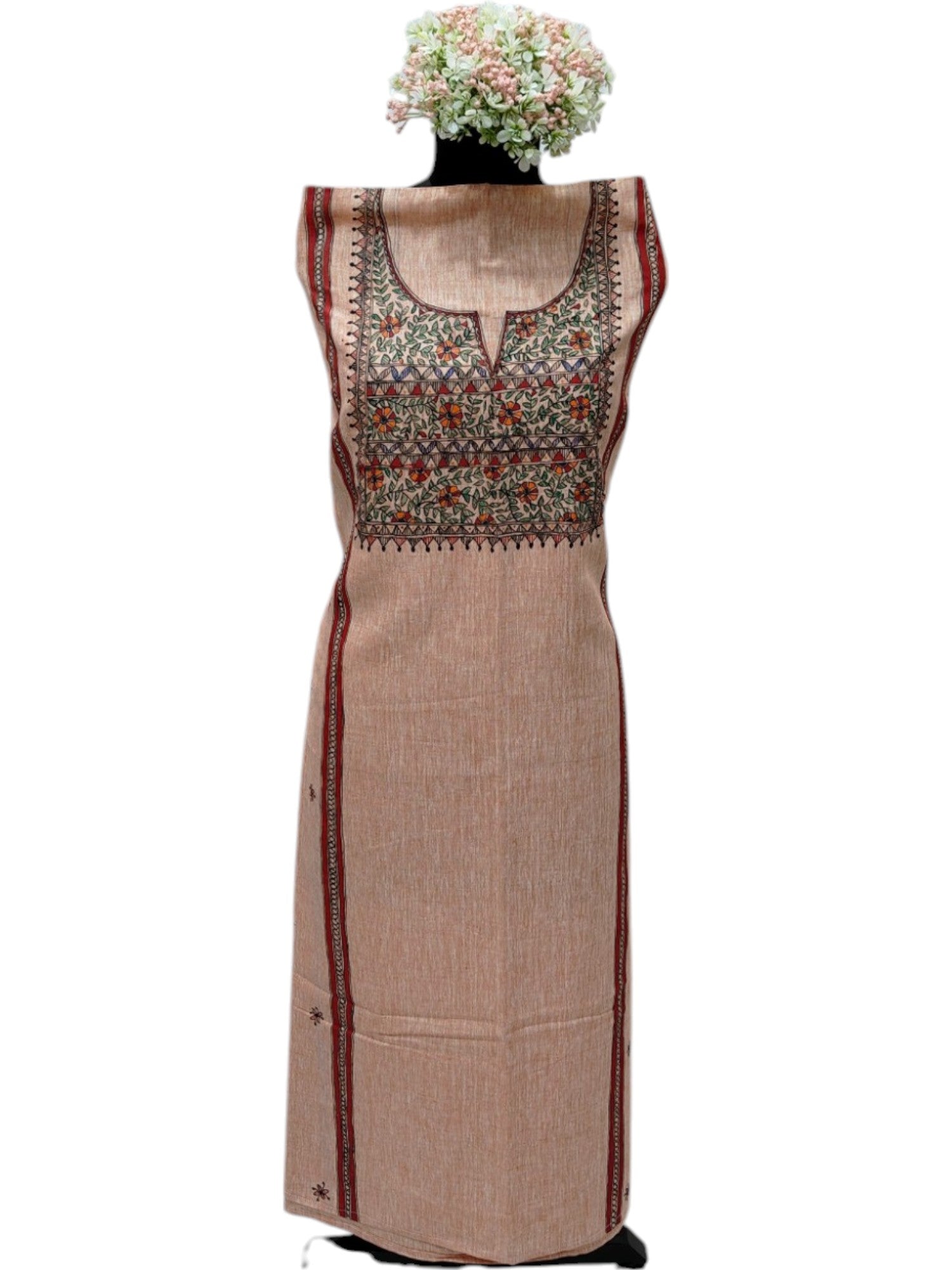 Hand-Painted Madhubani Unstitched Kurti on Linen Cotton – Rust